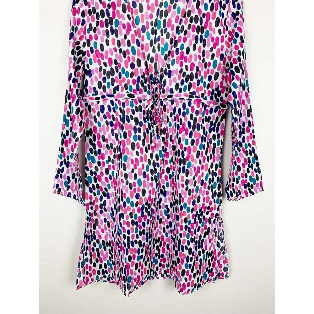 Talbots Cover Up White Pink Spotted Cotton Long Sleeve Tie Front Tunic Women's M